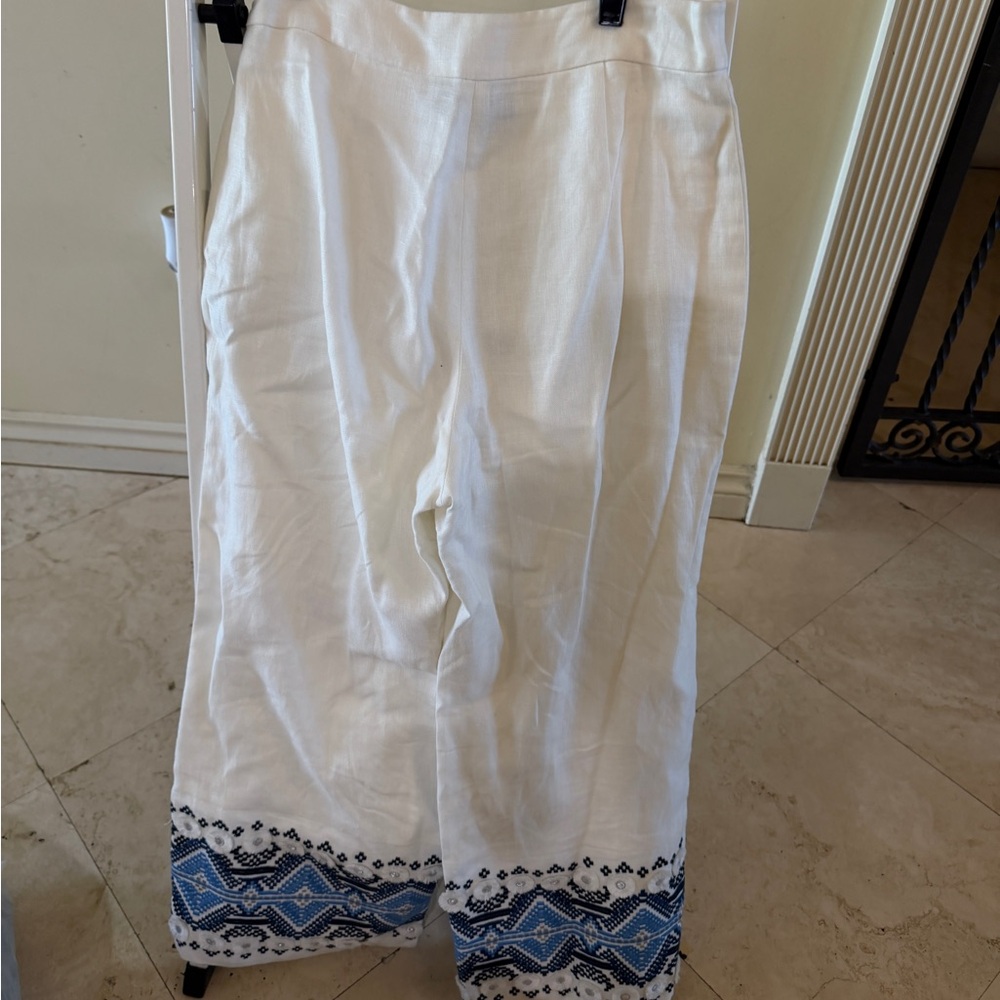 Alexis White Wide-Leg Pants with Blue Embroidered Hem - Picture 3 of 4